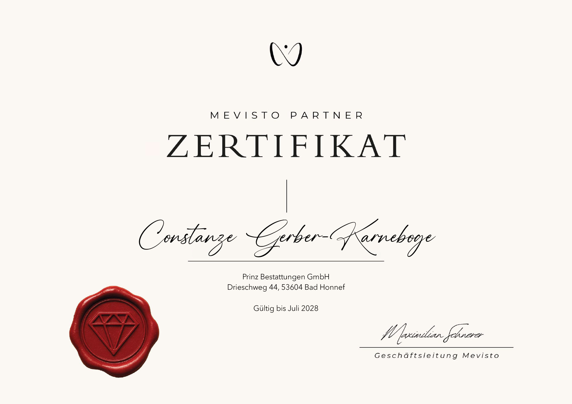 Zertifikat Mevisto Edelsteinmanufaktur